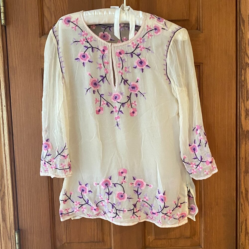 Sheer silk tunic top with pink and purple embroidery